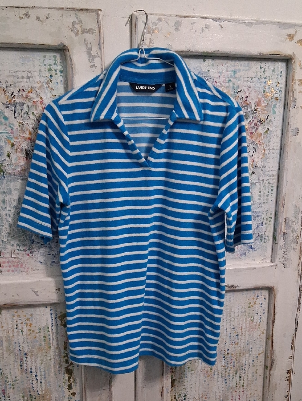 Lands' End Blue and White Striped Polo Shirt
